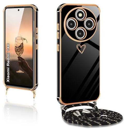 XCYYOO Handykette für Xiaomi Redmi 14C Hülle mit Band,Handyhülle Xiaomi Redmi 14C mit Kette Love Design Galvanik Silikon Stoßfest Schutzhülle mit Kordel zum Umhängen Kameraschutz, Schwarz