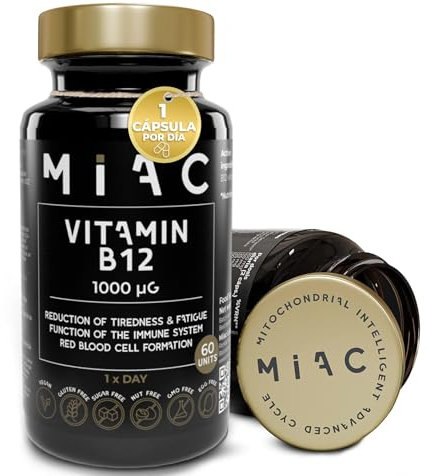 MIAC Vitamina B12. Metilcobalamina B12 60 Cápsulas. 1000 mcg. Vitaminas B12 para Combatir Cansancio y Fatiga. Complemento Alimenticio para el Sistema Inmune. Complejo B12 Plus Energía