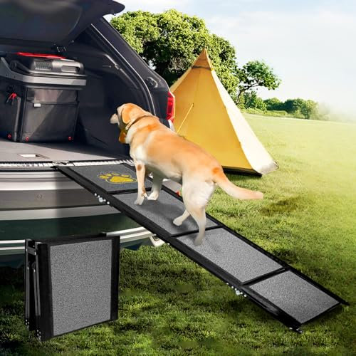 Hunderampe Auto Klappbar Extra Lang 170 cm Hundetreppe Auto mit Rutschfester Teppichoberfläche für Klein Mittel und Große Hunde Tragbare Rampe Hund für Auto SUV LKW Sofa und Bett