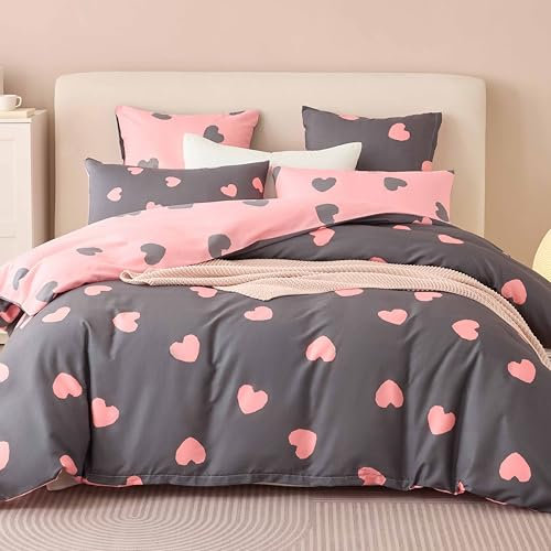Tospass Grau Bettwäsche 220 x 240 cm Mädchen – Mikrofaser Grau Rosa Herzen auf Seite A, Rosa Graue Herzen auf Seite B, Bettbezug mit Reißverschluss und 2 Kissenbezug 80 x 80 cm