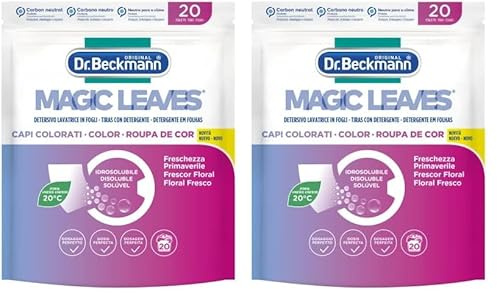 Dr. Beckmann MAGIC LEAVES Detersivo Lavatrice in fogli CAPI COLORATI | Facile da usare, facile da riporre & da trasportare | 20 fogli (Confezione da 2)