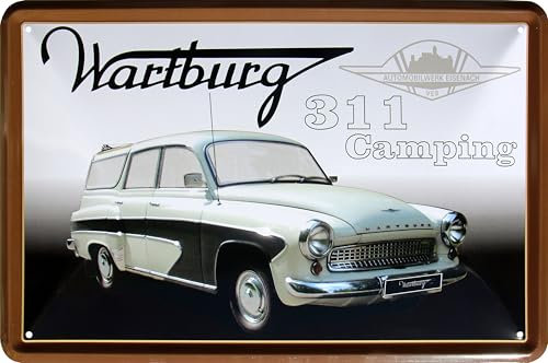 WOGEKA ART Retro Blechschild - Wartburg 311 Camping - DDR Oldtimer Auto, 20 x 30 cm, Ostalgie Vintage Metallschild als Geschenk zur Werkstatt und Garagen Deko für Ossis 338
