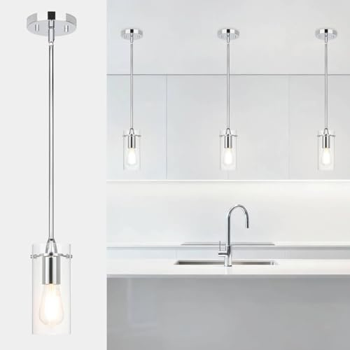 XiNBEi Lighting Chrome Pendant Lights Clear Glass Shade for Dining Room | Modern Kitchen Ceiling Lights, Height Adjustable, 1-Light E27 Socket, Hanging Lamp for Kitchen Bedroom Entryway Over Sink