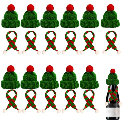 Quaverro Kleine Weihnachtsmütze und Schal Set, 22 Stück Mini Weihnachtsmütze, Kleine Weihnachtsmützen, Tischdeko weihnachten, Für Weihnachten Weinflasche Abdeckung, Puppenhaus, Weihnachtsfeiern (B)