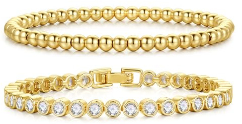 Turandoss Gold Tennisarmbänder für Damen, 14K Vergoldetes Gold Perlenarmband Cubic Zirconia Armband Set Verstellbare Armbänder Geschenk für Frauen Mädchen