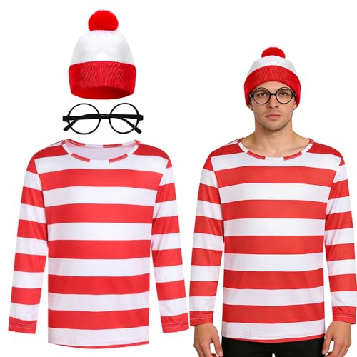 Weciau Herren Rot-Weiß Gestreiftes T-Shirt Set mit Brille & Bommelmütze, Cosplay Kostüm für Erwachsene, für Karneval, Weltbuchtag, Halloween, Mottoparty(2XL)