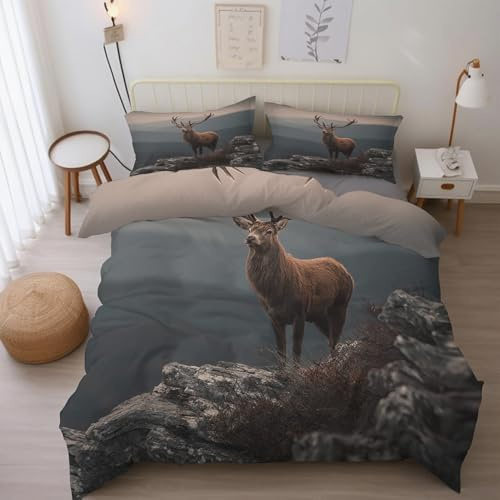 Generisch Hirsch Bettwäsche 135x200 cm, Wildtiere Elch Bettwäsche-Sets 2 Teilig, Bettbezug + 1 Kissenbezüge 80x80cm Weich Mikrofaser mit Reißverschluss M&-87