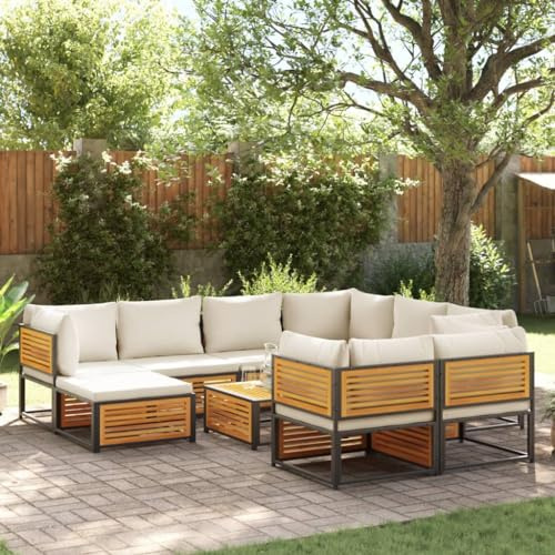 YuuSsea 10-TLG. Garten-Sofagarnitur, Akazienholz Massiv, Cremeweiße Kissen, Outdoor Sitzgruppe für Terrasse, Balkon, Gartenmöbel