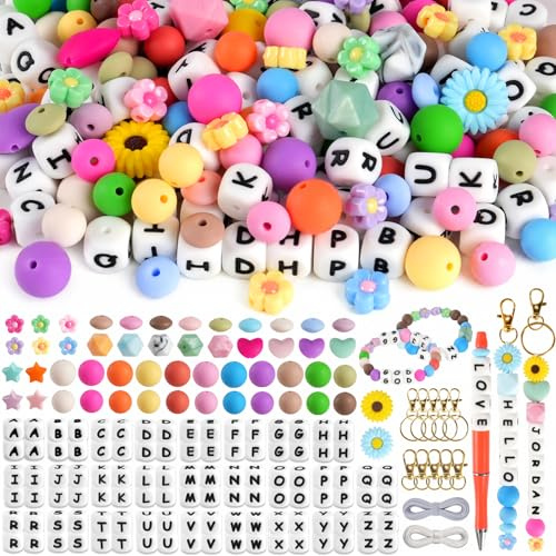 239 Pcs Silicone Beads for Keychain Making, Multicolour Silicone Letter Beads Round Rubber Bracelet Bead Kit for Jewellery Making, Pens DIY Crafts Gifts