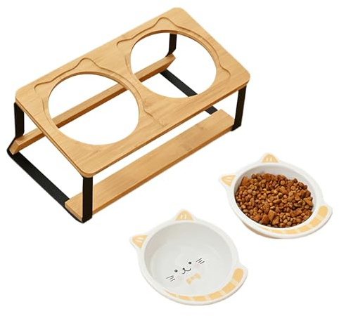 Cuenco de comida elevado para gatos, plato de cerámica elevado, diseño de doble altura, antideslizante a prueba de derrames, soporte de base de madera, alimentación saludable para gatos, perros, masco