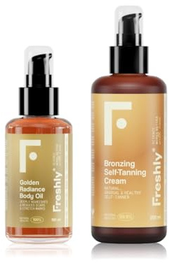 Freshly Cosmetics | Golden Bronze Body Pack | Autoabbronzante Corpo e Olio Nutriente | Pack Olio + Crema 100ml + 200ml | Abbronzatura Naturale Progressiva per Pelle Luminosa
