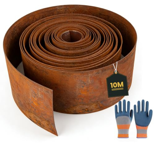 Bordure de Pelouse de Jardin, Bordure Jardin Exterieur Metal, Bordure Flexible en Acier Corten 10m x 15cm, pour Parterres de Fleurs, Pelouses, Allées de Jardin, avec Gants Inclus (10m×15cm)