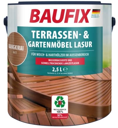 BAUFIX Terrassen- & Gartenmöbel-Lasur bangkirai, matt, 2.5 Liter, Holzöl, Terrassen Öl für Weichholz & Hartholz, auch für Holzterrassen, lange haltbar
