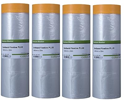 Colorus 4 x Goldband Masker 140cm x 33m (132m) Abdeckfolie mit Klebeband | Malerfolie mit Klebeband | Gold Klebeband mit Folie | Malerband mit Abdeck Folie | UV-beständiger Acrylat Kleber