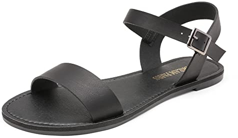 DREAM PAIRS Women's Cute Open Toes One Band Ankle Strap Flexible Summer Flat Sandals HOBOO-New,Size 5.5,All/Black,HOBOO-New