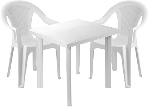 Mojawo® Bistrogarnitur 3-teilig Bistrotisch Kunststoff Eckig 80x75cm H72cm + 2 Stapelstühle Kunststoff Weiß