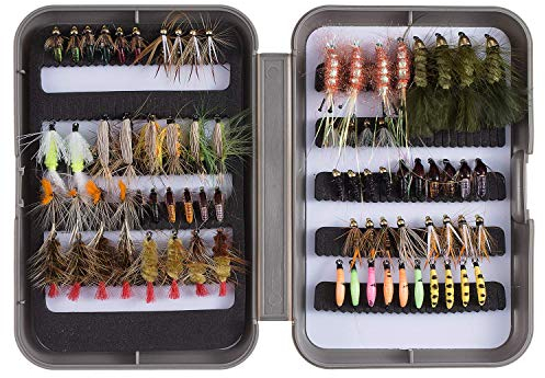 Bassdash Fliegenfischen Fliegen Set Forellenbarschangeln mit Fliegenbox, 36/64/72/76/80 / 96Stk. Mit Trockenfliegen/Nassfliegen, Nymphen, Streamers, Popper