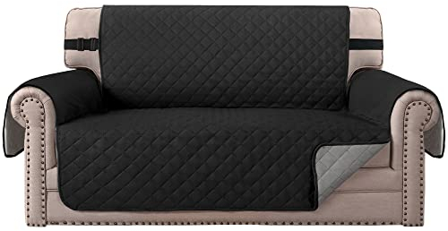 BellaHills Water Repellent Sofa Covers 2 Seater Sofa Protectors from Pets Cats Reversible Loveseat Couch Covers Non-Slip Furniture Slipcovers with Elastic Straps (Loveseat, Black/Grey)