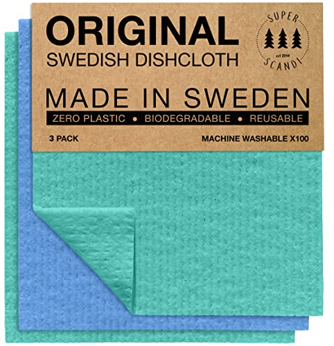 SUPERSCANDI 3 Piezas Paños de Cocina - 100% Biodegradables&Compostables | Trapos de Cocina Reutilizables,Aptos para Alimentos,Sin Plástico | Bayetas para Todas Las Superficies, Azul Verde