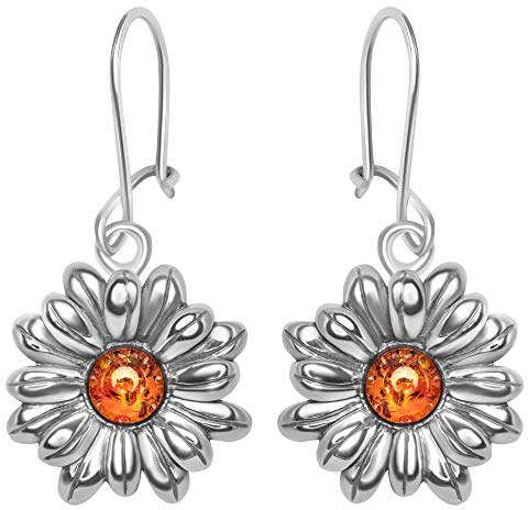 ANDANTE Premium Collection - Echter OSTSEE Bernstein Ohrringe in 925 Sterling Silber ** Blume ** Zertifiziert - Gold des MEERES - Farbe COGNAC