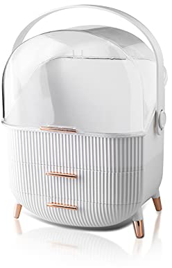 VanderHOME Organizer Trucchi, Organizzatore di Trucco Grande Capacità, Organizer Cosmetici in Plastica su 3 Livelli con Maniglia e Coperchio Trasparente-Bianco