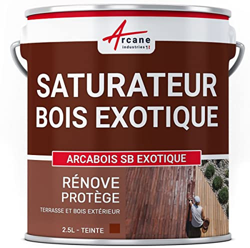Saturateur Bois Exotique pour Terrasse et Mobilier en teck, Ipé, Cumaru, garapa, itauba ... : ARCABOIS EXOTIQUE - 2.5 L (jusqu'à 12.5 m²) Acajou - Teinte Rouge - ARCANE INDUSTRIES