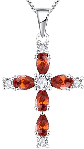YL Kreuz Kette 925 Sterling Silber Januar Geburtsstein Granat Kruzifix Anhänger Geschenke für Damen Mama, 45-48 CM