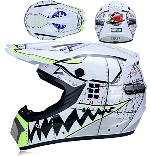 Amacigana® Fullface Motocross Helm Set mit Brille Handschuhe Maske, Motorrad Crosshelm Pocket Bike Helm Kinder Erwachsener Motorradhelm Downhill Sicherheit Schutz (Weiß,L)
