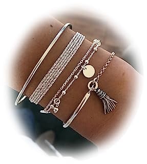 TseenYi Silber Armband Set Boho geschichtete Armreif Quaste Anhänger Armband gestapelt offene Handgelenk Kette Mode Armband Schmuck für Frauen und Mädchen Geschenk Weihnachten 4Pcs