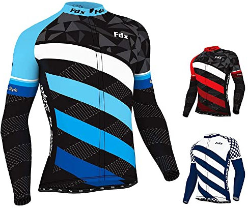 FDX Cycling Jersey Men’s - Italian Roubaix Fabric, Long Sleeve, Breathable, Full Zipped Winter Cycle Top - Bicycle Riding Jersey, Running, Mountain Bike Sports Clothing (Blue, Large)