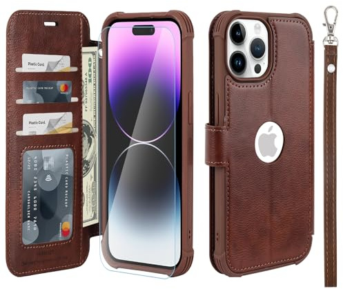 VANAVAGY Wallet Case for iPhone 14 Pro Max 6.7 Inch,Brown | PU Leather Flip Folio,Slim,12ft Drop Protection,RFID Blocking Card Holder,Kickstand,Wrist Strap,Includes Screen Protector