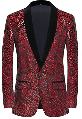 PYJTRL Giacca da Uomo con Paillettes Lucide Giacca Classica da Abito Floreale Moda, Adatta per Feste, Matrimoni, Banchetti, Balli,Red,S
