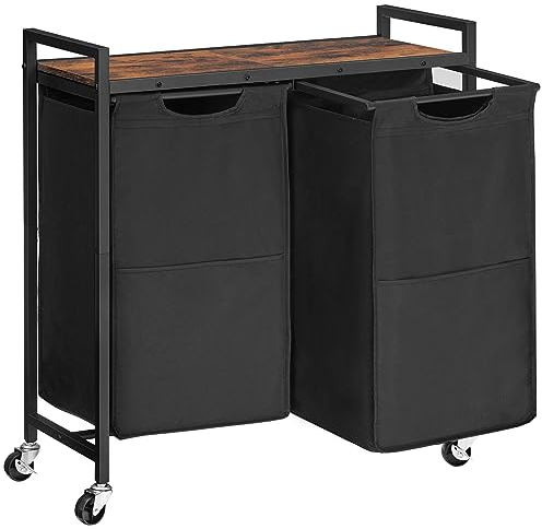 HOOBRO Cesto para Ropa Sucia, Cesta Colada con 2 Bolsas Extraíbles, Carro de Lavandería, 2 x 49,5 L, 70 x 30 x 77 cm, para Lavadero, Baño, Marrón Rústico y Negro EBF72XY01