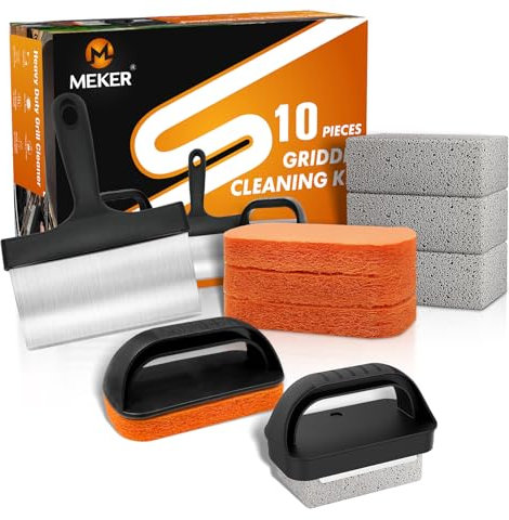 MEKER Griddle Cleaning Kit for Blackstone, Flat Top Grill Cleaning Kit with Grill Stone, Griddle Scraper & Griddle Brush with Handle - Easy to Remove Stain(10 PCS)