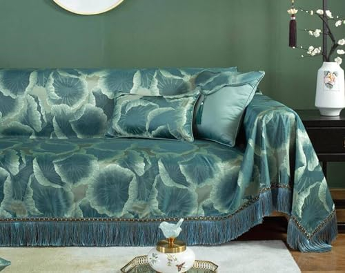 Couchbezug 190x350cm, Blatt mit Quasten Bezug Sofa 4 Sitzer Sofa Überzug Antirutsch Dunkelgrün Sofa Überzug für Ledersofa