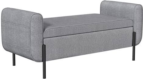 SONGMICS Storage Bench with Armrests, Ottoman for Living Room, Bedroom, Entryway, Steel Legs, Light Gray ULOM072G02
