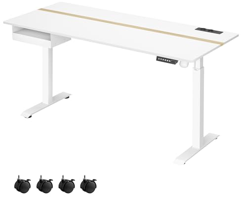 VASAGLE Höhenverstellbarer Schreibtisch elektrisch, 160 x 70 cm Tischoberfläche, Memory-Funktion mit 4 Höhen, mit Steckdosen und Stoffschublade, wolkenweiß-goldeichenfarben LSD116W01