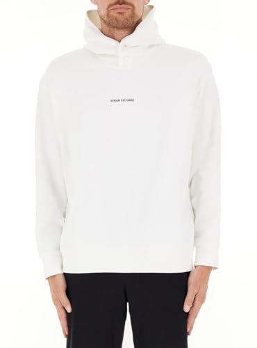 Armani Exchange Men's The Grid, Sustainable, Printed Logo Lettering Hooded Sweatshirt Off White,XS