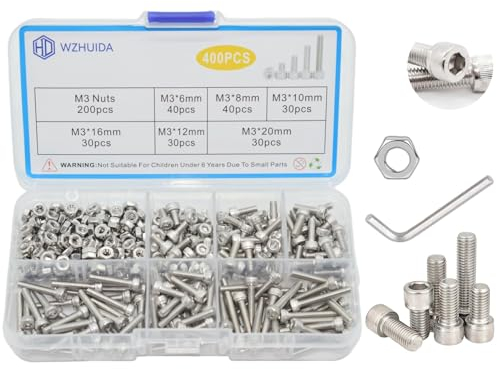 WZHUIDA 400 Stück M3 Schrauben Set, Zylinderschrauben mit Muttern Sortiment Kit, Edelstahl Innensechskant Zylinderkopf Schrauben Set, Sechskopf Gewindeschrauben Muttern mit Schraubenschlüssel