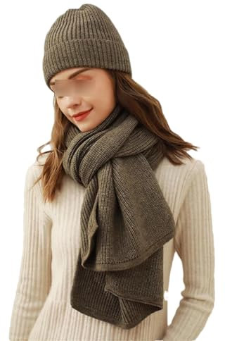 Einfarbige, gerippte Strickschal, Mütze, Set, Damen, Kaschmir, warm, lang, Winter, rundes Oberteil und Schals, 2 Stück, mokkabraun, One size