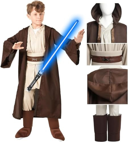 SINSEN Jedi Kostüm für Kinder Obi Wan Kenobi Kostüm Kinder Kapuzen Roben Outfit mit Gürtel komplettes Set Halloween Cosplay Kostüm