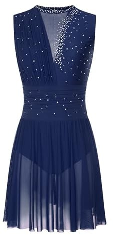 Oyolan Femme Robe Patinage Artistique Justaucorps Gymnastique Danse Strass sans Manches Tenue Danse Contemporaine S-XXL