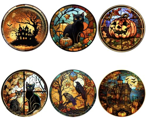 6 Blatt runde Anti-Kollisions-Fensteraufkleber, Halloween, Kürbis, Schloss, Katze, Krähe, statische Glas-Aufkleber, Horror, Halloween, Party, Geist, Festival, Dekorationen