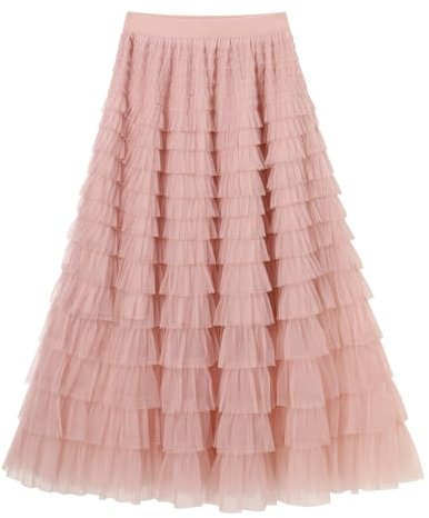 IMEKIS Jupe longue trapèze en tulle à volants pour femme - Taille haute - Jupe longue en maille - Style décontracté - Style bohème - Jupe de plage élégante pour mariage, vacances, fête, rose, 48