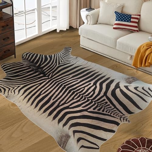 Guyekobe Großer Zebra-Teppich, 2,3 x 1,9 m, Rindsleder, große Fläche, Teppiche für Schlafzimmer, Wohnzimmer, Esszimmer, niedriger Flor, Tierteppich, rutschfest, kein Fell