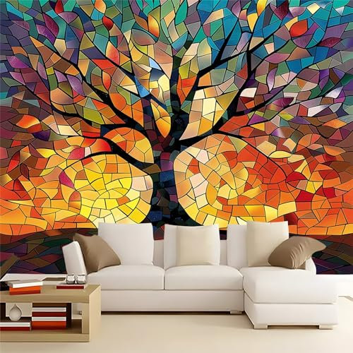 Papier Peint Intissé 150 x 105 cm Formes géométriques colorées Déco Murale Maison Chambre Salon, Photo Murale Décorative Arbre De Vie Style Vitrail - Pour Jeunesse Enfants