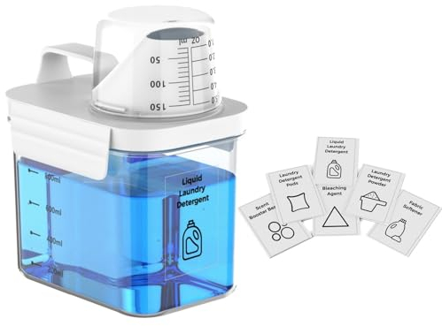 Anhow 1000ml Dispensador de Detergente, Dosificador Detergente Lavadora con Vaso Medidor Sin BPA con 6 Pegatinas de Categorías para Detergente y Detergente en Polvo - Transparente