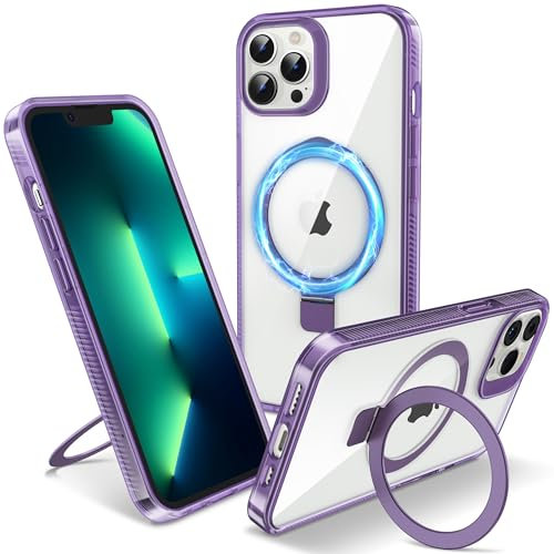 Flyzoo Magnetic Kickstand Case for iPhone 13 Pro, [Compatible with MagSafe & Invisible Ring Stand Holder] [Non-Yellowing & Shockproof] Clear Transparent Hard Silicone Edge Cover, 6.1'', Clear Purple