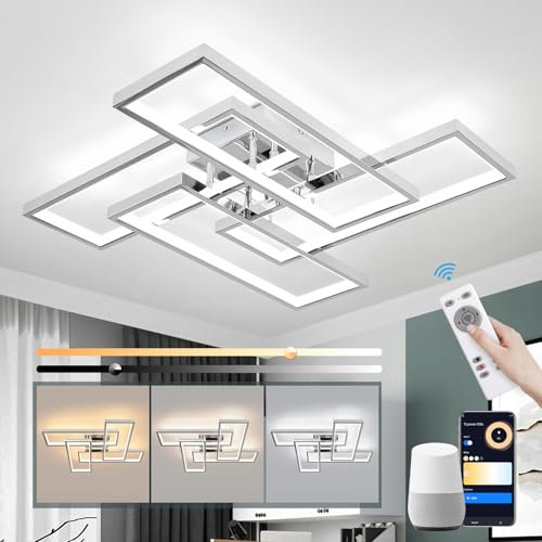 Vloitgol LED Deckenleuchte Dimmbar, 56W 66cm Deckenlampe Silber Modern Wohnzimmerlampe mit Fernbedienung, 3000K-6500K, 4-Quadratisches Schlafzimmerlampe Led Deckenbeleuchtung für Büro Küche esszimmer