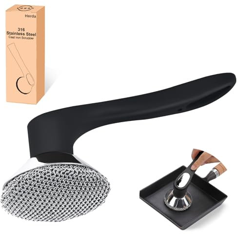 Cast Iron Cleaner Scrubber with Long Handle- Welded Fine Chain Mail Scrubber Cleaning Kit- Metal Brush Chainmail Scrubbing Sponge to Clean Skillet, Dishes, Griddle, Wok, Dutch Oven Scrub
